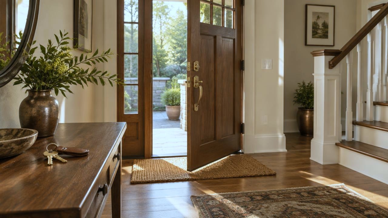 Sunlit front entry with house keys waiting for the next owner